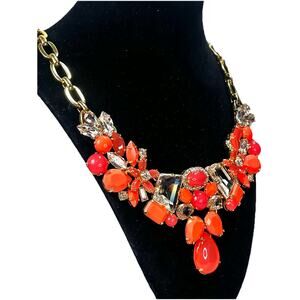 J.CREW Statement Necklace Orange Coral Colored Clear Stones Gold Tone Metal 20”